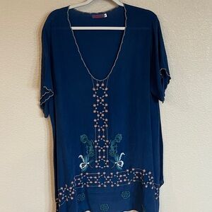 Johnny Was Deep Blue Tunic with Pink and Green Embroidery